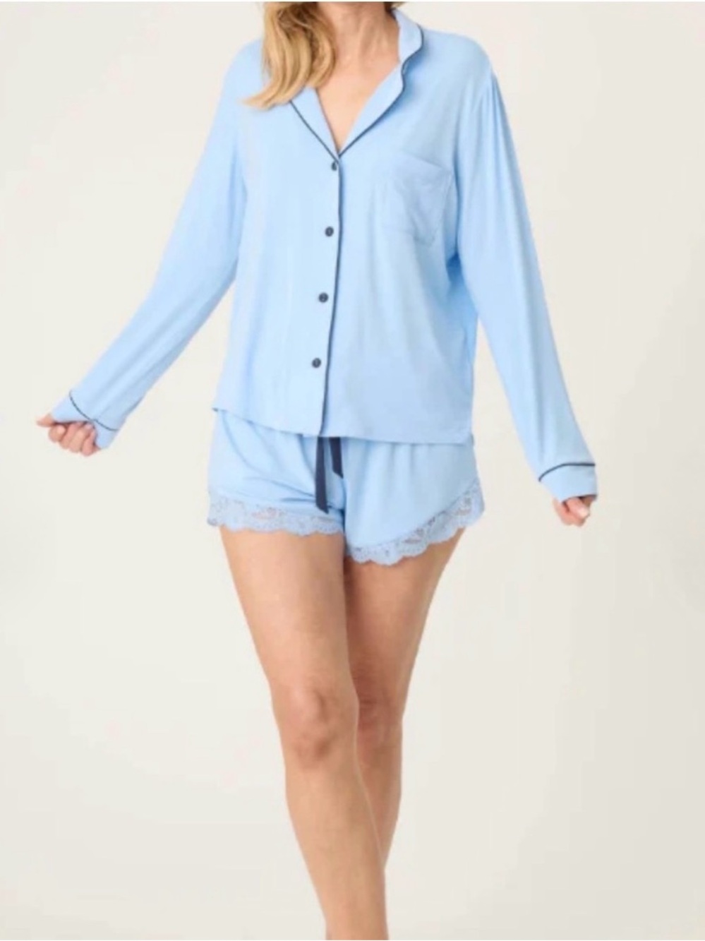 P.J. Salvage Blue Modal Button-Front Collared Pajama Set Lace Trim Shorts M